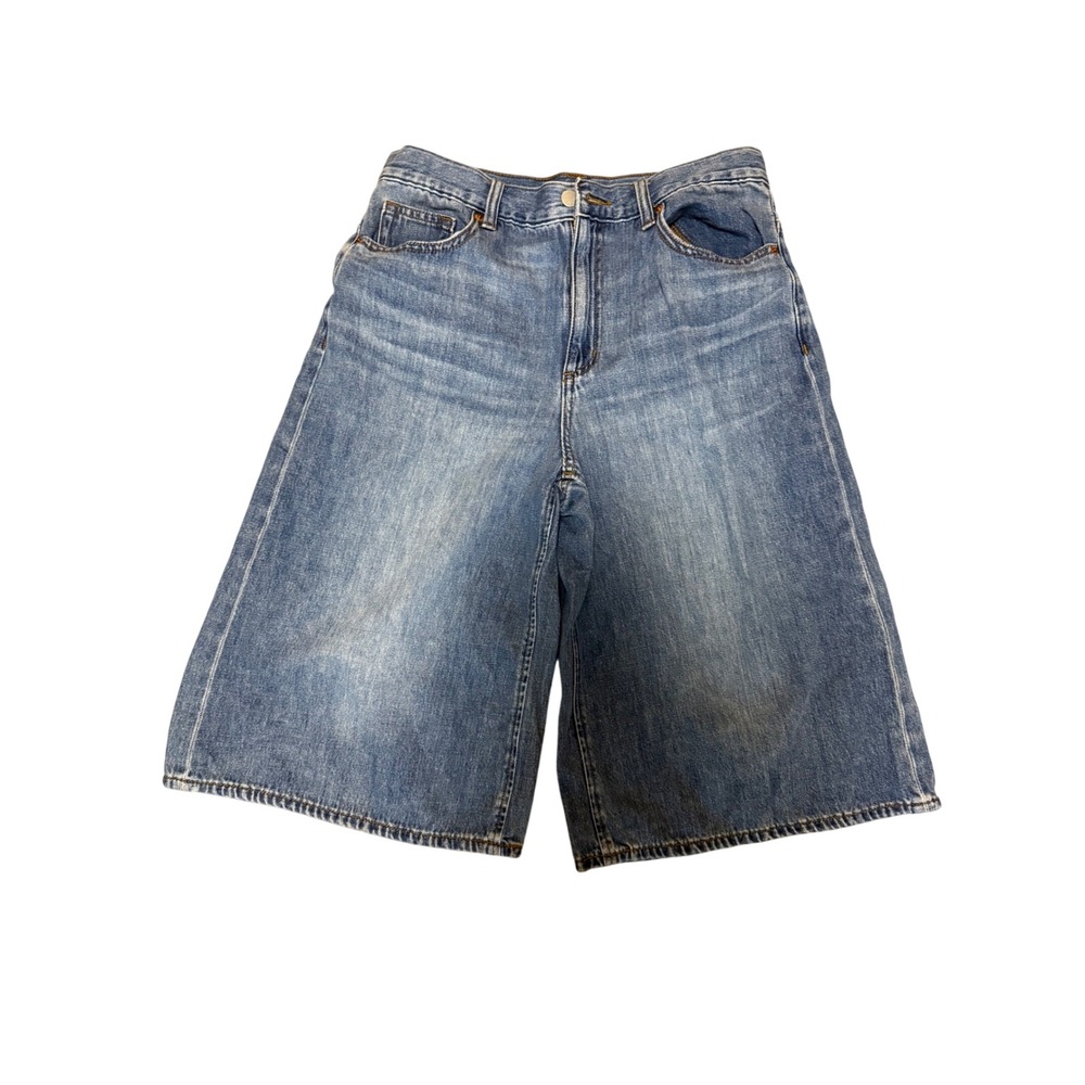 GU Blue Denim Wide Leg Long Bermuda Shorts High Rise Medium Wash Size Large